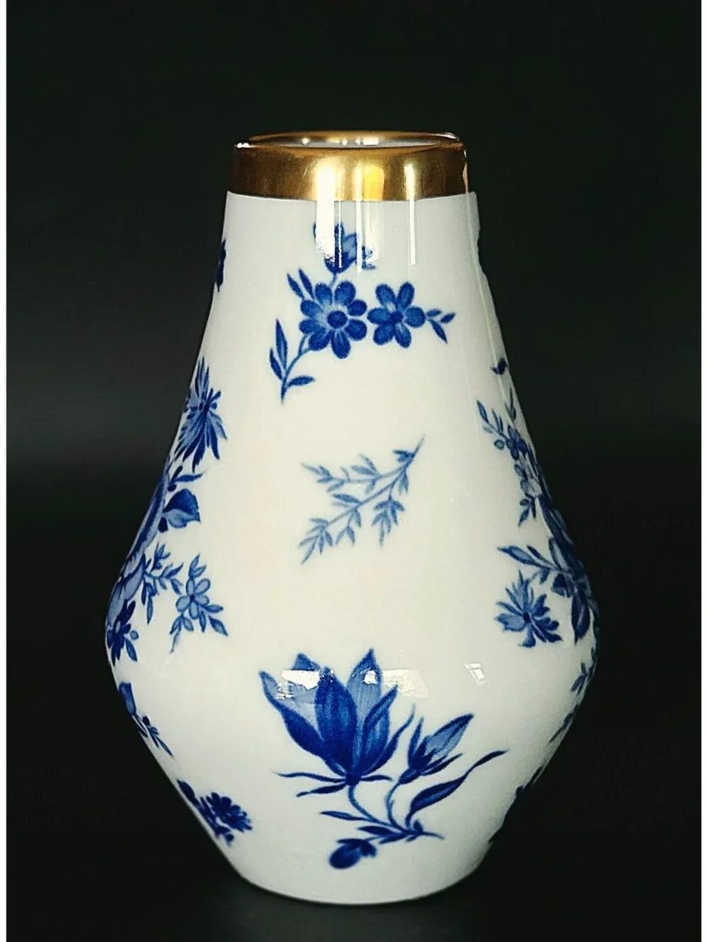 PMR Bavarian Porcelain Vase With Blue Floral Design & Gold Rim